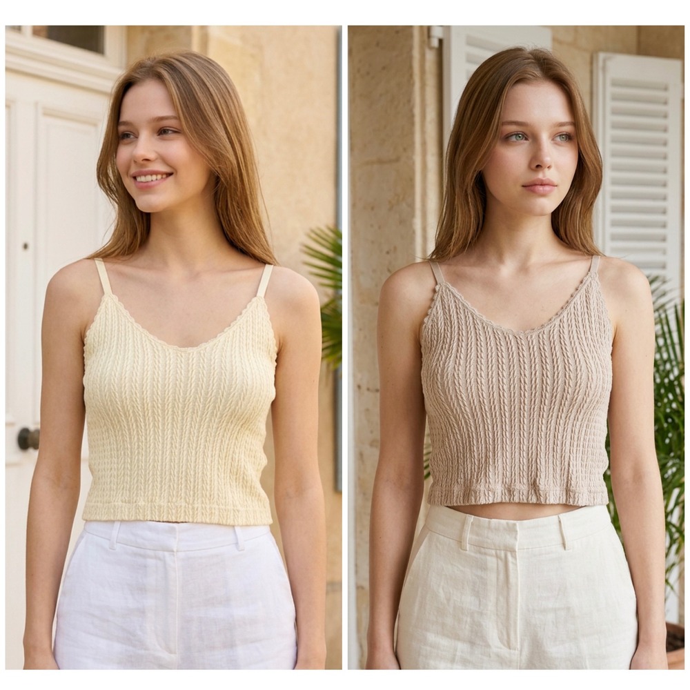 Pink Rose Cable Knit Camisole Bundle 2pc Tan Cream Lace Trim Tank Tops S/M Boho